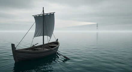 A boat sailing ocean water lighthouse sea travel sailing boat seascape nautical vessel horizon fog voyage calm 3d