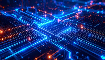 Intricate circuit board with glowing components