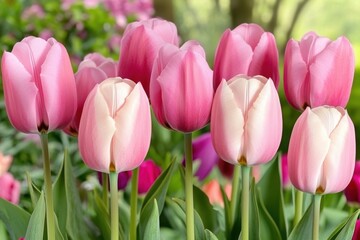 Fototapeta premium A vibrant group of pink tulips in full bloom in the garden