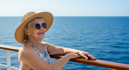 Elderly woman enjoying cruise vacation with hat and sunglasses on deck overlooking the ocean view ahead