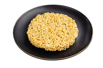 Twisted raw ramen noodles, ready to soak up flavors and bring warmth to your next culinary adventure. isolated on white background. top view