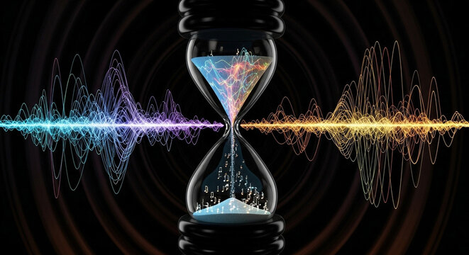 Hourglass time time flow music sound waves frequency rhythm audio visual representation abstract concept