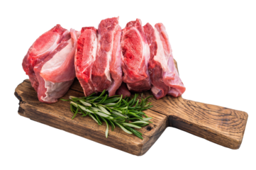 Raw beef Short chuck Ribs, fresh meat with bone on cutting board isolated on white background. top view