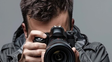 Photographer at Work: A focused individual, engrossed in the art of capturing a moment, peers intently through the viewfinder of a professional camera.