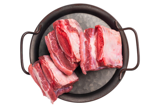 Thick Cut raw beef Short Ribs, fresh meat with bone isolated on white background. top view