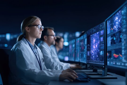 Scientists in lab coats analyze complex data on multiple computer screens in a dimly lit high-tech research facility. - Powered by Adobe