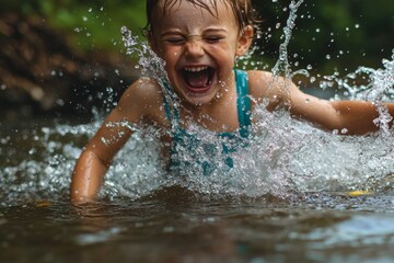Fototapeta premium A child plays in a shallow river, laughing and splashing water joyfully. Sunlight filters through the trees, creating a cheerful atmosphere. The moment captures pure happiness and childhood delight