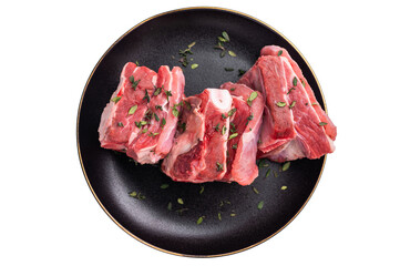 Raw mutton cut rib chops, fresh lamb meat with herbs for grilling isolated on white background. top view
