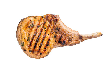 Juicy grilled pork Tomahawk chop, perfectly seared and bursting with flavor, ideal for a hearty...
