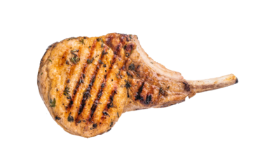 Juicy grilled pork Tomahawk chop, perfectly seared and bursting with flavor, ideal for a hearty feast. isolated on white background. top view