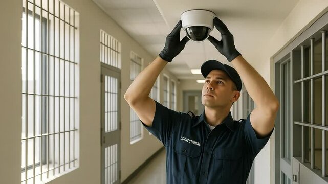 Installing security cameras in a prison correctional facility surveillance indoor close-up safety measures