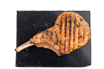 Savory bone in pork chop steak, beautifully charred and ready to impress at your next barbecue...