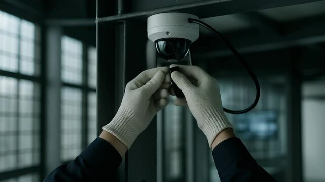 Installing security camera indoor facility technical operation industrial setting close-up view surveillance system