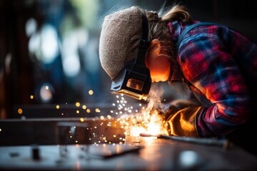 A young child is engaged in welding metal components, surrounded by sparks and tools, showcasing skills in a workshop without protective gear. The atmosphere is energetic and industrious