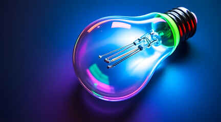 Light bulb with colorful neon glow on dark background, emitting vibrant blue and purple hues creating futuristic and creative atmosphere