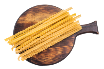 Delicate raw mafaldine pasta noodles, perfect for tossing with fresh ingredients and savory sauces. isolated on white background. top view