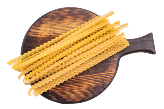 Delicate raw mafaldine pasta noodles, perfect for tossing with fresh ingredients and savory sauces. isolated on white background. top view