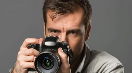 Focused Photographer: A professional photographer peers intently through the viewfinder of a camera, capturing a moment.