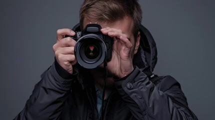 Photographer Behind the Lens: A focused individual, shrouded in shadows, peers intently through a camera lens, embodying the art of visual storytelling and capturing the essence of a moment.