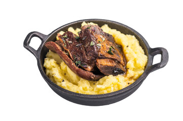 Close-up of tender beef short ribs, beautifully caramelized and resting on a bed of creamy mashed potatoes, creating an inviting culinary scene isolated on white background. top view