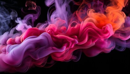 vivid plumes of multicolored smoke in shades of red purple and pink billowing and intertwining seamlessly against a solid black backdrop