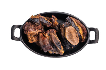 Beef short ribs slow-cooked to perfection, served on a stylish plate with vibrant sides, showcasing a delicious and hearty meal isolated on white background. top view