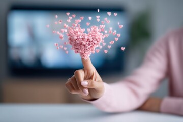 A hand with pink nails forms a finger heart shape, with numerous small pink hearts floating upward against a blurred background.