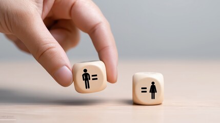 Human hand placing gender equality symbol with man and woman icons on wooden blocks.