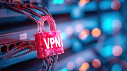 A red digital padlock labeled "VPN" secured on network cables, symbolizing internet security and privacy protection.