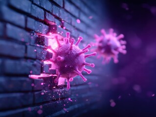 A glowing, purple virus particle crashes through a brick wall, symbolizing viral invasion or breakthrough in a digital, dark setting.