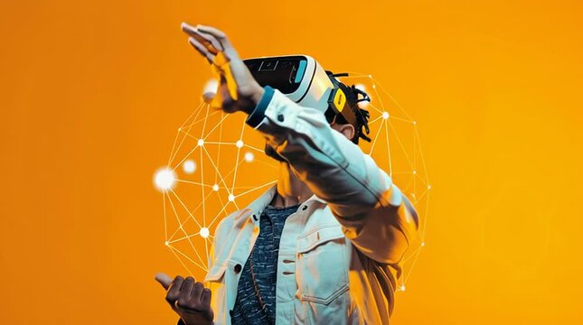 Digital Frontier: A person wearing a virtual reality headset reaches out, interacting with an abstract digital network, representing the cutting edge of technology and immersive experiences. 