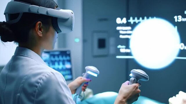 Inside a brightly lit medical simulation lab a focused Asian medical student uses VR controllers with haptic feedback to practice a delicate surgical procedure on a detailed holographic patient model