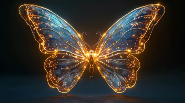 Glowing digital butterfly with transparent blue wings outlined in golden light and sparkling particles