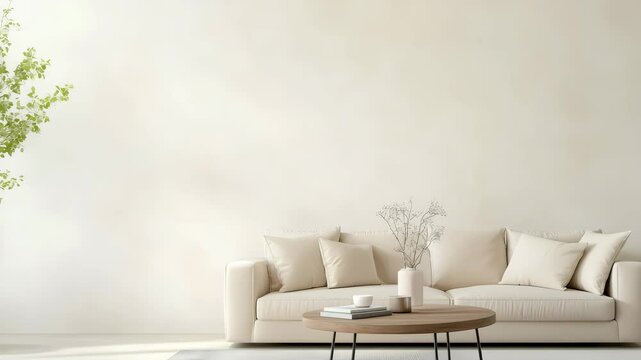 Minimalist living room interior with neutral-toned sofa, wooden coffee table and potted plant