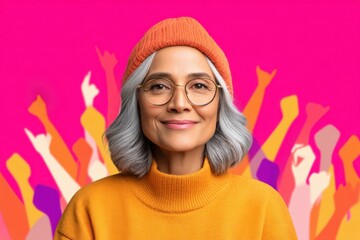 A confident older woman with gray hair and glasses smiles warmly against a vibrant pink background with stylized colorful raised hands.