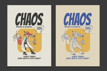 retro 30s poster with a mad scientist fox character, vector illustration