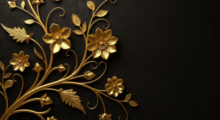 Golden floral ornament with delicate flowers and leaves on a dark black background in the upper left corner