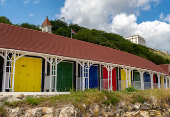Traditional wooden beach huts in Scarborough's South Bay