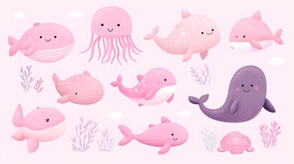 Cute pink ocean animal clipart set, Kawaii marine characters collection, Baby dolphin whale octopus illustrations, Pastel nursery design elements, Underwater cartoon icons, Isolated white background, 