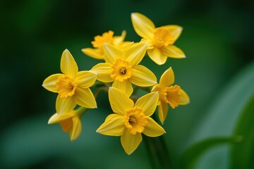 Obraz premium A group of daffodils displays their vibrant yellow petals against a green backdrop