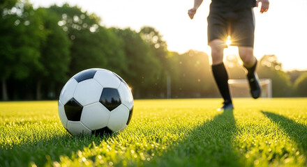 Soccer Player Approaching Ball on Lush Green Field at Sunset for sports blogs, soccer academy websites, fitness, training articles, social media sports campaigns, and sports equipment ads