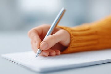 left-handed person writing in clean and minimalistic image their hand seen in elegant focus