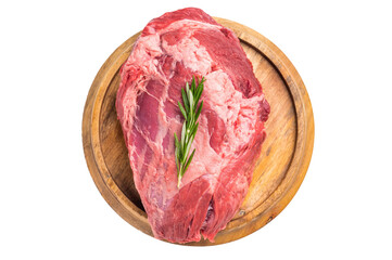 A selection of fresh beef shin, boneless shank meat cuts on a butcher block, emphasizing their quality and versatility for various cooking methods. isolated on white background. top view