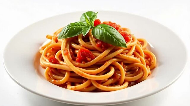 Delicious bucatini pasta with fresh tomato sauce and basil on a white plate, presented in an appetizing food scene.