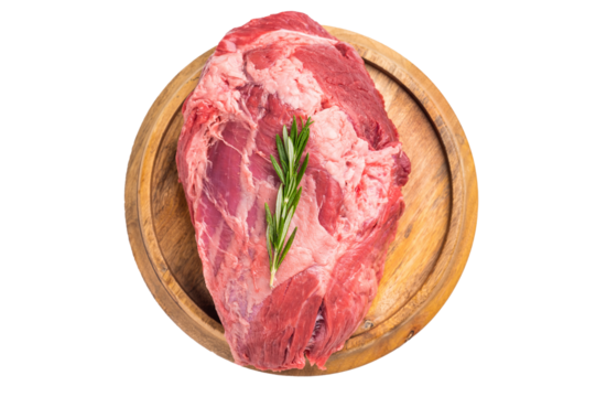 A selection of fresh beef shin, boneless shank meat cuts on a butcher block, emphasizing their quality and versatility for various cooking methods. isolated on white background. top view