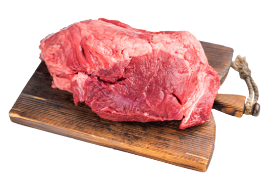 Fresh raw boneless beef shank displayed on a wooden cutting board, showcasing its rich color and marbling, perfect for hearty soups and stews. isolated on white background. top view