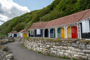Traditional wooden beach huts in Scarborough's South Bay