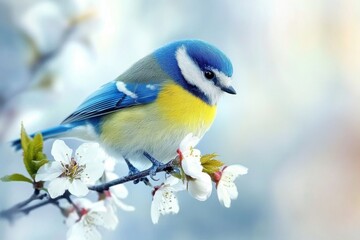 Fototapeta premium A blue and yellow bird rests on a branch adorned with white blossoms