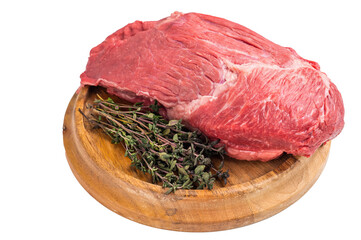 Raw Silverside Round beef meat piece , fresh bottom round on wooden board. isolated on white...