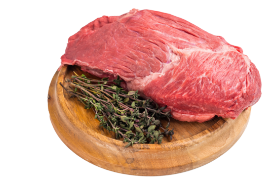 Raw Silverside Round beef meat piece , fresh bottom round on wooden board. isolated on white background. Top view